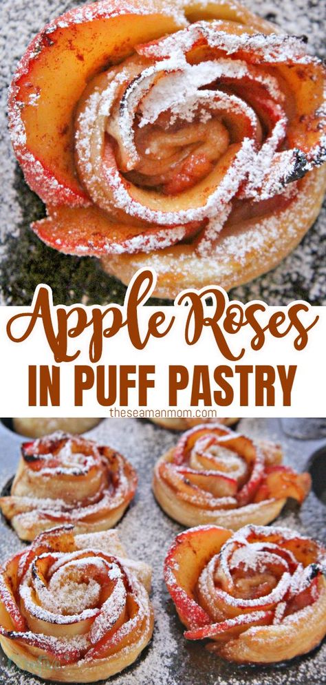 These gorgeous mini apple rose tarts are the bomb! Super eye catching, this apple roses recipe is probably one of the easiest recipes you'll ever make! Puff Pastry Roses, Puff Pastry Apple Roses, Apple Rose Tarts, Apple Recipes With Puff Pastry, Apple Roses Puff Pastry, Apple Roses Recipe, Apple Rose Pastry, Recipes Pastry, Apple Rose Tart