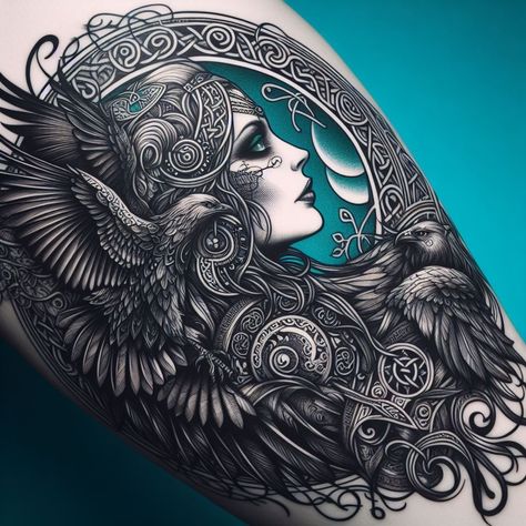 Celtic Morrigan Tattoo, The Morrigan Tattoo Celtic Goddess, Celtic Goddess Tattoo, The Morrigan Tattoo, Morrigan Tattoo, Goddess Morrigan, Viking Warrior Tattoos, Valkyrie Tattoo, The Morrigan