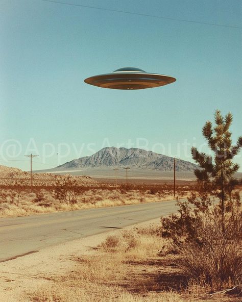 A mysterious UFO soars over the vast expanse of the Mojave Desert, adding an enigmatic touch to the arid landscape. Arid Landscape, Ufo Art, Flying Saucers, Space Aliens, Mojave Desert, Trending Pins, Flying Saucer, Aliens, Star Trek