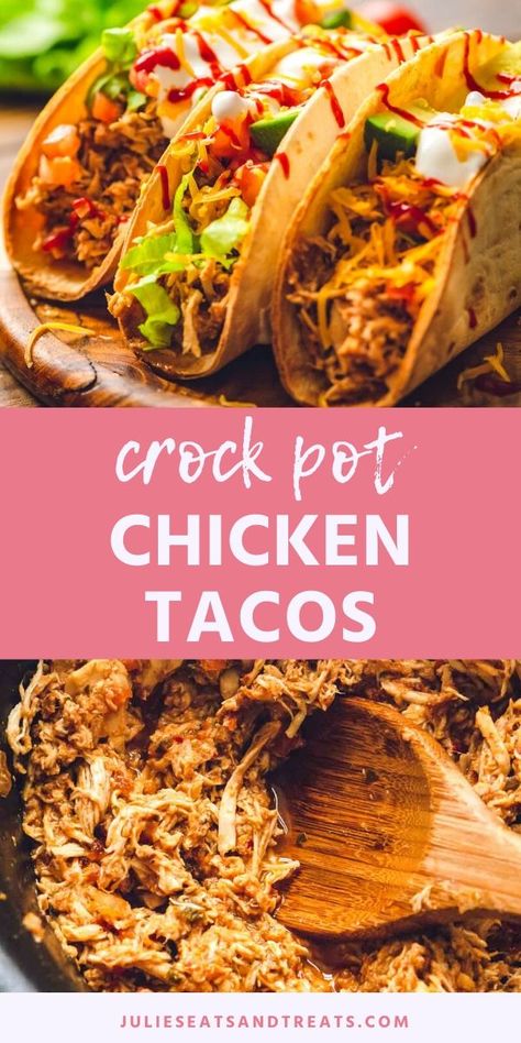 Crock Pot Chicken Tacos only require three ingredients and are an easy dinner recipe! You can use the meat for enchiladas, burritos, nachos, salads and more! Make this quick and easy shredded Mexican Chicken in your crock pot tonight. #mexican #chicken Enchiladas Burritos, Crock Pot Chicken Tacos, Pulled Chicken Tacos, Crunchwrap Supreme, Slow Cooker Chicken Tacos, Shredded Chicken Tacos, Chicken Tacos Crockpot, Crock Pot Tacos, Chicken Taco Recipes