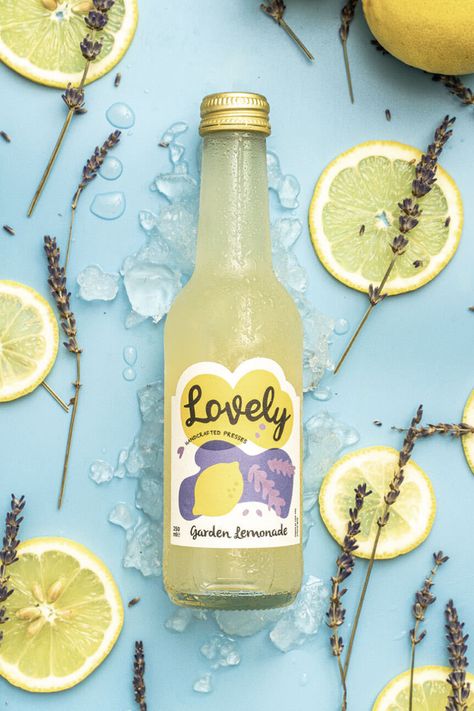 Lemonade Product Photography, Lemonade Bottle Design, Soft Drink Photography, Lemonade Branding, Lemonade Packaging, Lemonade Lavender, Drink Product Photography, Lemonade Brand, Lemonade Design