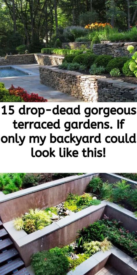 15 drop-dead gorgeous terraced gardens. If only my backyard could look like this! Stair Garden, Tiered Landscape, Steep Backyard, Steep Gardens, Terraced Gardens, Sloped Backyard Landscaping, Terraced Landscaping, Terraced Backyard, Terrace Garden Ideas