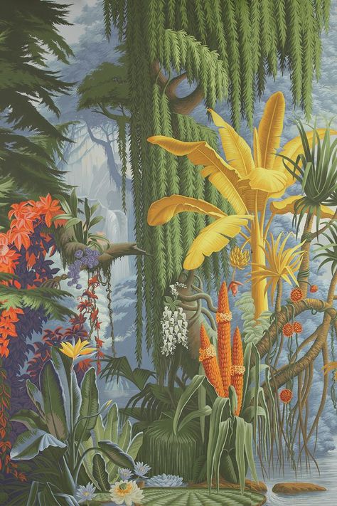 ‘L'Eden’ in Eden design colours on Deep Rich Gold gilded paper Zuber Wallpaper, Gracie Wallpaper, Affordable Wallpaper, De Gournay Wallpaper, Jungle Wall Mural, Scene Wallpaper, Scenic Wallpaper, Hand Painted Wallpaper, Silk Wallpaper