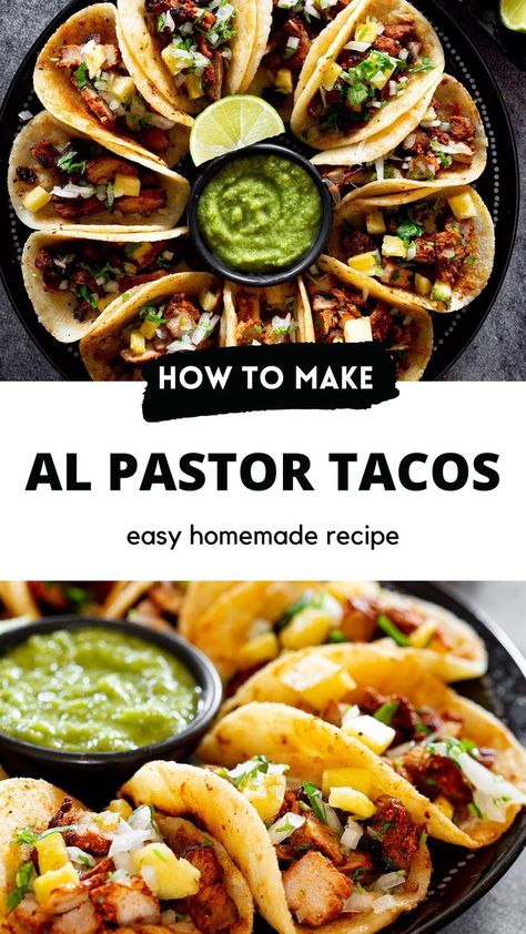 collage of tacos al pastor with text overlay Al Pastor Recipe, Tacos Al Pastor Recipe, Authentic Tacos, Al Pastor Tacos, Taco Recipes Mexican, Chile Relleno Recipe, Pastor Tacos, Caramelized Pineapple, Street Taco Recipe