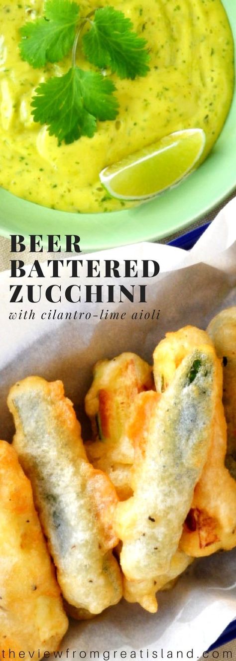 Beer Battered Zucchini with Lime Cilantro Aioli ~ what's not to love about this crispy fried zucchini and zesty dip?  This is going to the favorite appetizer at your next party, guaranteed! #beerbatter #zucchini #friedzucchini #appetizer #aioli #appetizerrecipe # Fried Zucchini Batter Recipe, Battered Zucchini Fries, Fried Zucchini Planks, Batter For Fried Zucchini, Deep Fried Zucchini Batter, Beer Batter Zucchini, Deep Fried Zucchini Sticks, Batter Fried Zucchini, Beer Battered Zucchini