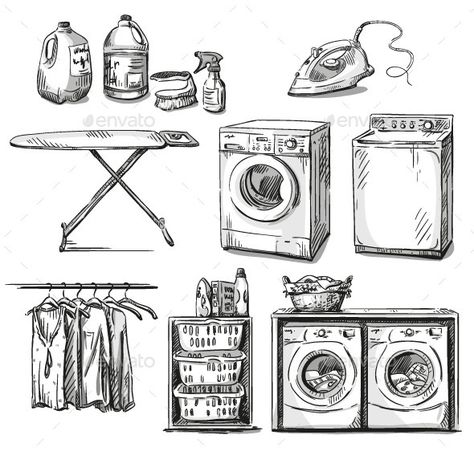 Laundry Objects Interior Architecture Drawing, Arte Peculiar, Interior Design Drawings, Interior Design Sketches, Object Drawing, Industrial Design Sketch, Architecture Concept Drawings, Interior Sketch, Perspective Art