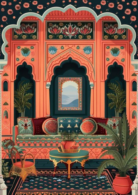 Ida Scudder, Rajasthan Decor, Positano Theme, Mughal History, Arab Pattern, Rajasthan Painting, Mughal Design, Tapestry Painting, Pichwai Art