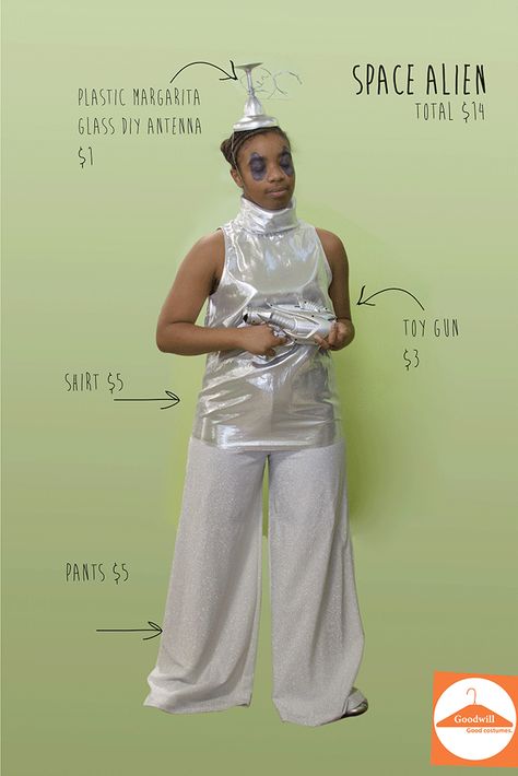 Goodwill Halloween Costumes, Futuristic Halloween Costume, Alien Costume Diy, Futuristic Halloween, Diy Alien Costume, Space Alien Costume, Alien Costume Women, Alien Halloween Costume, Futuristic Costume