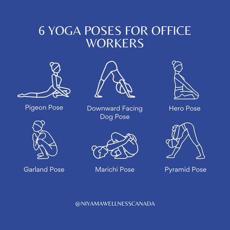 Day 3: Working at a desk, constantly sitting, hunched over a computer keyboard can take a toll on your musculoskeletal health! Try these 6 simple yoga poses to reset and relieve tension 😌 Desk Yoga, Garland Pose, Simple Yoga Poses, Simple Yoga, Pigeon Pose, Dog Poses, Easy Yoga Poses, At Home Workout Plan, Yoga Sequences