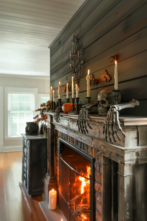 39 Creative Halloween Mantel Decor Ideas for a Spooktacular Home Halloween Ghost Mantel, Skull Mantle Decor, Skull Fireplace Surround, Skeleton Mantle Decor, Halloween Mantle With Tv, Skeleton Decor Ideas, Halloween Fireplace Decor, Haloween Decor, Halloween Mantel Decor