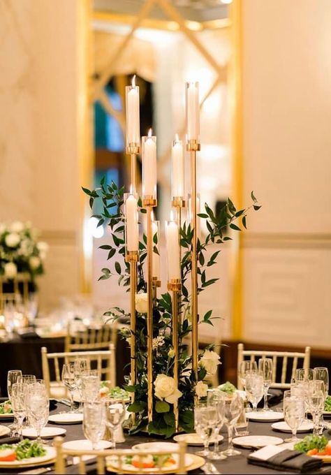 Gold Theme Centerpieces, Tall Candlestick Centerpieces Wedding, Candlebra Decor Ideas, Tall Table Centerpieces, Candleabra Ideas With Flowers, Gold Candleabras Centerpiece Wedding, Candelabra Floral Centerpiece, Tall Candelabra Wedding, Gold Candleabra Wedding