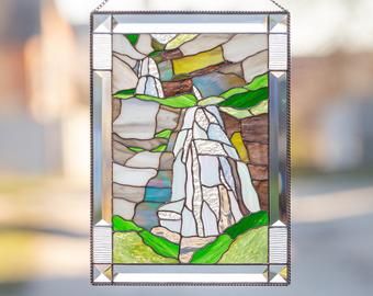 Stained Glass Landscape, Glass Landscape, Glass Waterfall, Stained Glass Gifts, Mountain Wall Decor, Bridal Veil Falls, Waterfall Design, Stained Glass Birds, Stained Glass Window Panel