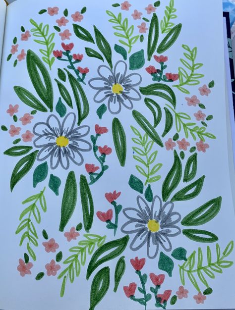 Flowers Drawing With Markers, Doodles On Paintings, Flower Drawings With Markers, How To Draw Pretty Flowers, Floral Marker Art, Flower Posca Art, Cool Drawings With Markers, Flower Drawing Collage, Colorful Easy Drawings