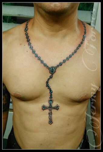 Rosary Chest Necklace Tattoo, Cross Necklace Tattoo, Cool Cross Tattoos, Rosary Bead Tattoo, Simple Cross Tattoo, Rosary Tattoo, Small Chest Tattoos, Necklace Tattoo, Cross Tattoo For Men