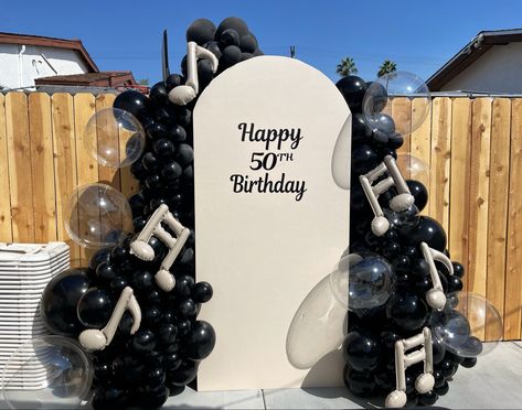 50th birthday backdrop by ViewT balloons. #balloondecoration #balloons #50thbirthdaypartydecorations #fyp #viewtballoons #blackballoons #musicnotes #musicnoteballoons #clearballoons Birthday Music Theme, 50th Birthday Backdrop, Birthday Music, 50th Birthday Party Decorations, Clear Balloons, Music Birthday, Happy 50th, Happy 50th Birthday, Black Balloons