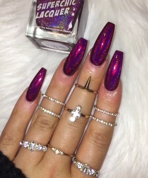 Magenta Nails, Metallic Nails Design, Uk Nails, Purple Nail, Simple Acrylic Nails, Coffin Nails Long, Metallic Nails, Kawaii Nails, Glam Nails