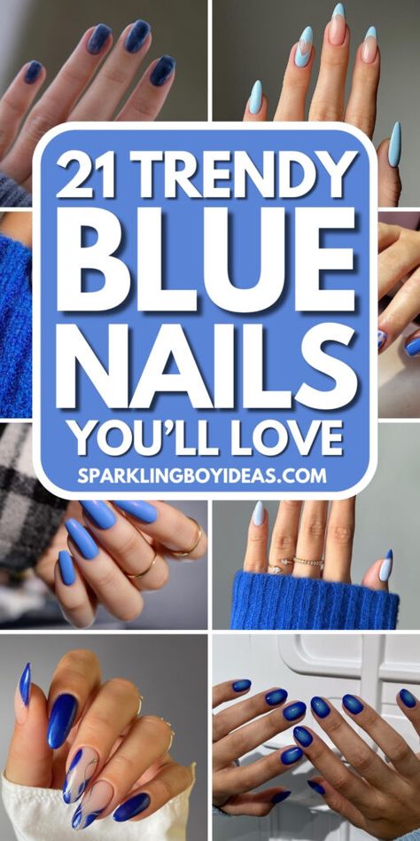 Fun Blue Nails, Blue Nails Ideas, 21 Aesthetic, Cobalt Blue Nails, Pastel Blue Nails, Blue Chrome Nails, Blue Nail Color, Blue Nail Art Designs, Blue And White Nails