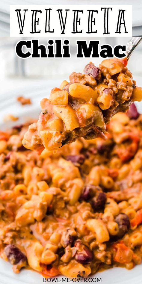 Cheesy Chilli Mac, Chili With Velveeta Cheese, Simple Chili Mac Recipe, Chilli Mac And Cheese Crockpot, Chili Mac With Velveeta, Velveeta Chili Mac, Velveeta Hamburger Mac And Cheese, Chili Cheese Mac, Velveeta Dinner Recipes