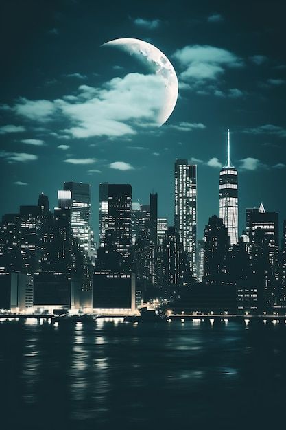 La ciudad de nueva york y la luna ilumin... | Premium Photo #Freepik #photo #trafico #noche #luna #luna-llena Aesthetic Cities, Mix Media, Premium Photo, Godzilla, Mixed Media, Candy, Media, Quick Saves