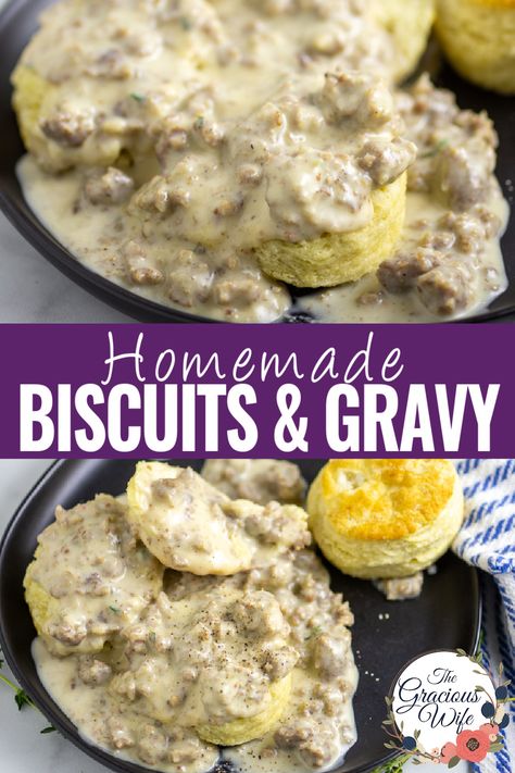 Make these classic Southern Biscuits and Gravy with creamy, rich sausage gravy served over mile-high fluffy, flaky, soft buttermilk biscuits with just a few cost-conscious  ingredients! Biscuits And Gravy With Sausage, Diy Biscuits And Gravy, Busicut And Gravy, Biscuits And Gravy From Scratch, Bob Evans Biscuits And Gravy, Easy Biscuits And Gravy Recipe, Dutch Oven Biscuits And Gravy, Home Made Biscuits And Gravy, Sausage And Biscuits Gravy