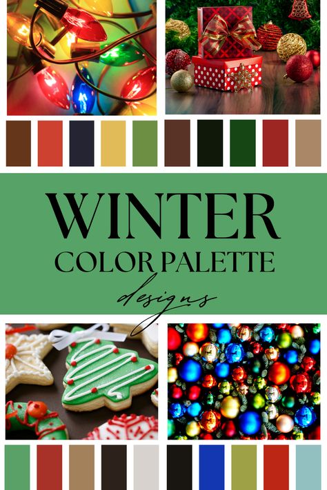 As winter arrives with its crisp air and serene landscapes, it ushers in a palette of colors that beautifully reflect the season's tranquil and cozy atmosphere. Color Palette Cool Winter, Christmas Lights Color Palette, Alternative Christmas Color Palette, Gingerbread House Color Palette, New Year’s Eve Color Palette, Colorful Winter Decor, Non Traditional Christmas Color Palette, Winter Colors 2024, Traditional Christmas Color Palette