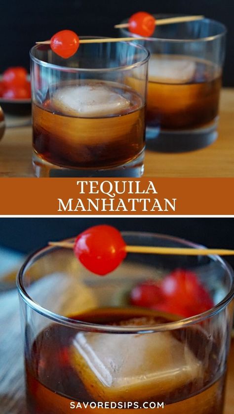 Anejo Tequila Cocktails Recipe, Tequila Manhattan, Rye Drinks, Manly Cocktails, Tequila Mix, Manhattan Drink, Flavored Tequila, Sipping Tequila, Manhattan Cocktail