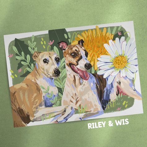 Riley & Wis! This was my first digital portrait using my lovely new tablet. I really enjoyed working on this - I played around with composition and scale a lot, and I am very happy with how it turned out 💚 When I posted my process video of this, I got a lot of 🧌 commenting mean things and trying to bring me down. It's hard not to let it get to you, to be honest... But in the end, the customer was happy, and I learned some new skills, so I counted this one as a win 🥰 #whippet #whippetart #lu... Greyhound Art, Animal Illustration Art, Custom Pet Art, Bring Me Down, Animal Portraits Art, Dog Painting, Art Diary, New Skills, Dog Illustration