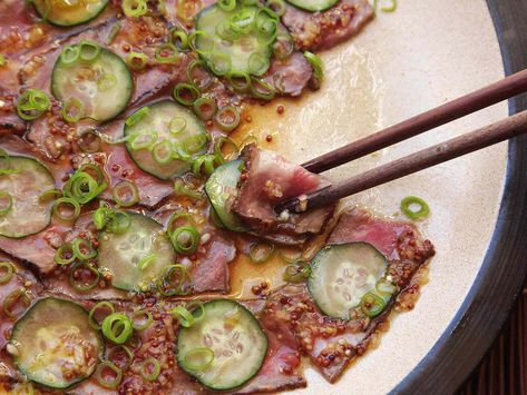 Cold Steak Salad With Cucumber and Ponzu-Mustard Vinaigrette Recipe Beef Tataki, Salad With Cucumber, Meat Sweats, Bulgogi Recipe, Leftover Steak, Korean Barbecue, Panera Bread, Philly Cheesesteak, Steak Salad