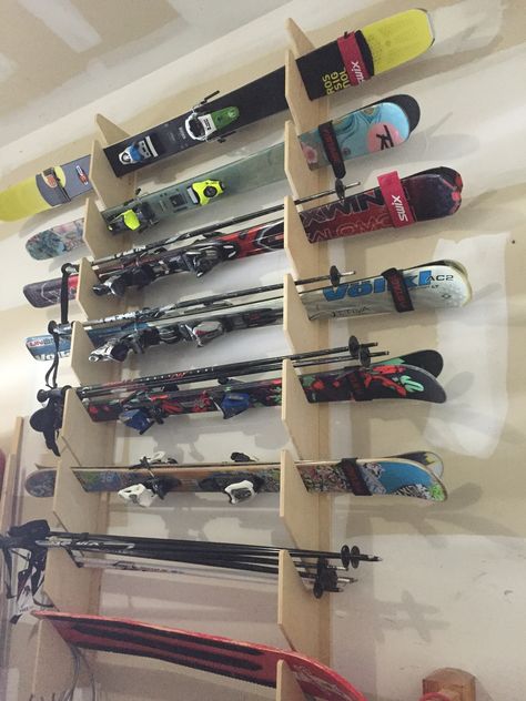 Storing Skis In Garage, Ski Gear Storage Garage, Horizontal Ski Rack, Ski Racks Diy Storage, Cross Country Ski Storage, Ski And Bike Storage, Ski Snowboard Storage, Diy Ski Rack Wall Mount, Ski Rack Wall