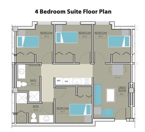 This is the perfect set up.. Dorm Set Up Layout, Dorm Common Room, Triple Dorm, Apt Layout, Floor Plans Architecture, Single Dorm Room, Suite Floor Plan, Quad Room, Dorm Layout