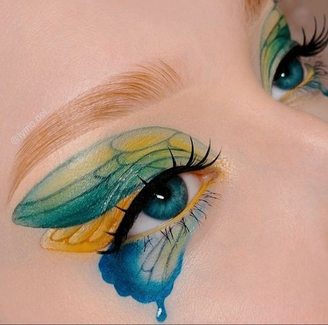 Blue And Yellow Makeup, Yellow Blue Makeup, Green Yellow Eye Makeup, Yellow And Blue Eyeshadow Looks, Yellow Blue Eyeshadow, Blue And Green Butterfly Makeup, Blue Green Yellow Eyeshadow, Editorial Make-up, Eyeshadow Designs