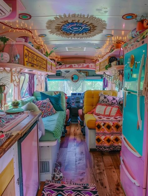 Camper Design Ideas, Colorful Camper, Hippie Apartment, Boho Camping, Kombi Trailer, Hippie Camper, Room Decor Curtains, Camper Diy, Camper Design