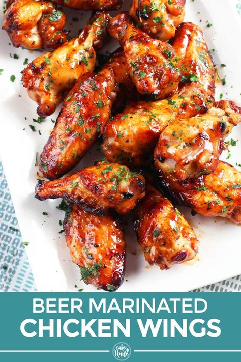 Grilled Beer Marinated Chicken Wings are juicy and flavorful, making them the only way you'll want to cook wings from now until forever. The simple beer marinade is easy-to-make and pairs with almost any BBQ sauce you can think of! | cakenknife.com #chickenwings #grilledwings #summergrilling #grillingrecipes #traegerrecipes Beer Chicken Marinade, Recipes Chicken Wings, Beer Marinated Chicken, Beer Marinade, Marinated Wings, Wings Sauce, Food Recipes Chicken, Chicken Wing Marinade, Marinated Chicken Wings