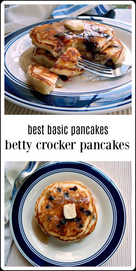 These Best Basic Pancakes, the original Betty Crocker Pancakes are so easy a child could make them (and did - my 10 year old daughter looked them up in my old cookbook) and are super fluffy, light and delish! I love that they don't use buttermilk. #BestPancakes #BestBettyCrockerPancakes via @www.pinterest.com/frugalhausfrau Pancake Recipe No Buttermilk, Pancake Recipe Without Buttermilk, Betty Crocker Pancake Recipe, Betty Crocker Pancakes, Basic Pancakes, Blueberry Pancakes Recipe, Blueberry Pancake, Blueberry Breakfast Cake, Fluffy Light