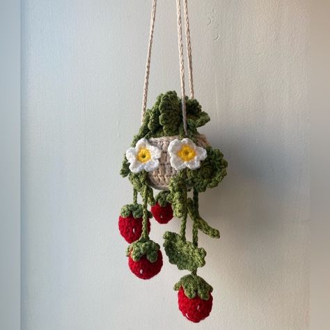 Handmade Crochet Strawberry Hanging Potted Plant Wall Decor Car Mirror Decor Crochet Room Decor Wall Hangings, Crochet Apartment Decor, Crochet Hanging Decor, Crochet Hanging Flowers, Crochet Bedroom Decor, Photobooth Decoration, Photoshoot Decoration, Potted Plant Wall, Car Mirror Decor