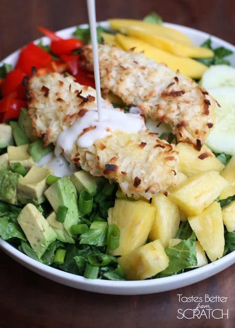 Coconut Chicken Tropical Salad from TastesBetterFromScratch.com Caribbean Slaw, Coconut Crusted Chicken Tenders, Coconut Salad, Strawberry Cheesecake Salad, Coconut Crusted Chicken, Crusted Chicken Tenders, Spring Salad Recipes, Tastes Better From Scratch, Tropical Food