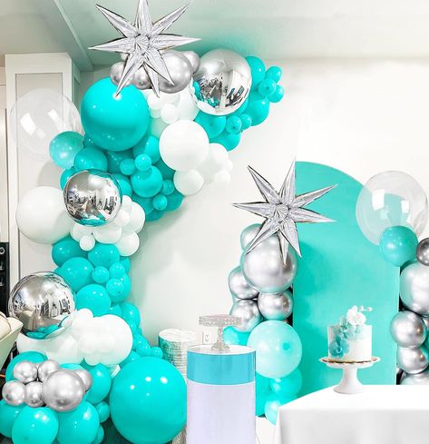 PRICES MAY VARY. 【Elegant teal blue Party Packge】108pcs aqua blue+ Chrome silver and Matte White Balloon,and silver Foil Star Balloon +Bobo clear styling Balloons Make your own wonderful centerpieces, and jaw-dropping entryways with our teal silver balloon garland kit,Will Bring Unforgettable Memories to Your Party. The 3 different sizes of balloons in our turquoise balloon arch kit make them look great together! 【Reliable Consistent Color Balloons】 100% real photography by using Color Correctio Teal And Silver Birthday Decorations, Blue And Silver Balloon Garland, Light Teal Wedding, Star Balloon Garland, Silver Balloon Garland, Breakfast At Tiffany's Bridal Shower, Bobo Balloons, Turquoise Party, Aqua Decor