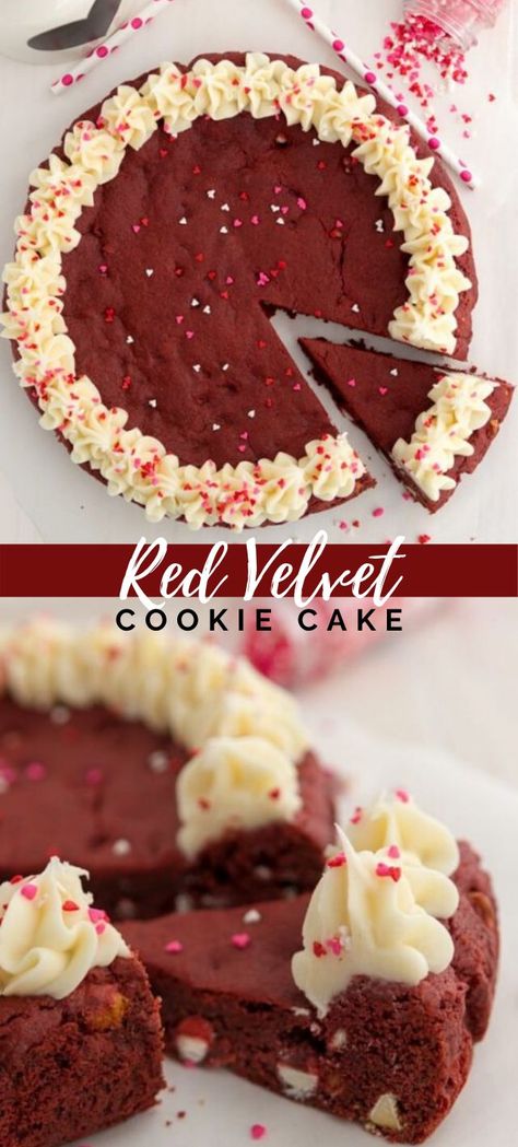 Red Velvet Recipes Desserts, Cookie Cake Valentines Day, Valentine Cookie Cake, Valentine’s Day Cookie Cake, Red Velvet Cookie Cake, Brownie Cookie Cake, Cookie Cake Decorating Ideas, Valentines Red Velvet, All Things Red