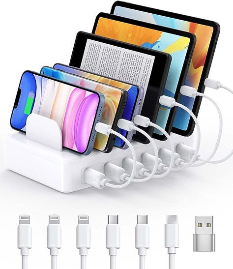 Multi Charger Station with 6 USB Ports & 6 Cables, Charging Dock for Apple Android Phone iPad Kindle Tablet and Other Electronics Ipad Charging Station, Charging Station Organizer, Kindle Tablet, Cell Phone Charging Station, Cell Phone Store, Phone Charging Station, Apple Charger, Phone Store, Charger Station