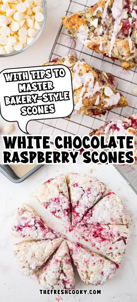 Baked white chocolate raspberry scones on cooling rack and unbaked scones on cutting board. Raspberry Scones Recipe White Chocolate, Homemade Scones Recipes Easy, Protein Scones Recipe, Raspberry And White Chocolate Scones, Raspberry Scones Recipe, Raspberry White Chocolate Scones, Sourdough Treats, Chocolate Raspberry Scones, White Chocolate Raspberry Scones