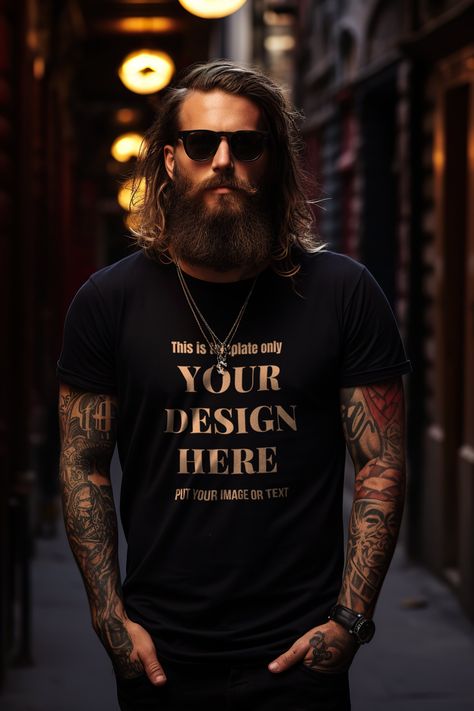 Black T-Shirt Mockup with Male Tattoo Model, Long Hair and Bearded Hipster Model, Urban Aesthetics, Handsome American Tattooed Man Mock by ViviCreativeLand on Etsy Tattooed Man, American Tattoos, Biker Men, T Shirt Mockup, Image Editing Software, Tattoo Model, Hipster Fashion, Tshirt Mockup, Shirt Mockup