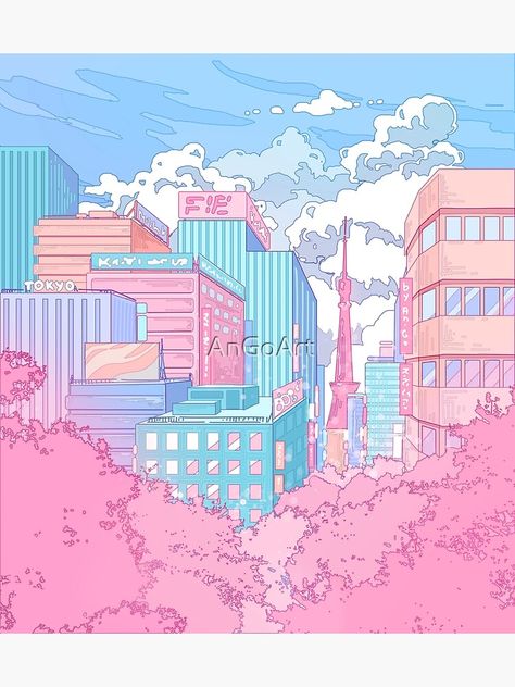 Tokyo Cityscape, Tokyo Streets, Pink Sakura, City Skylines, Anime City, Tokyo City, Cloudy Sky, Pastel Wallpaper, Kawaii Art