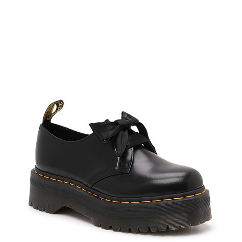 Dr. Martens-Holly Platform Oxford Add some edge to tailored looks with the Holly platform oxford from Dr. Martens. This lace-up features thick satin laces and a chunky platform for eye-catching appeal. Ribbon Shoe Laces Dr Martens, Holly Platform Oxford Outfits, Holly Doc Martens, Doc Martens Holly, Oxford Platform Shoes Outfit, 2024 Womens Fashion, Dr Martens Holly Platform, Platform Oxfords Outfit, Outfits With Oxford Shoes