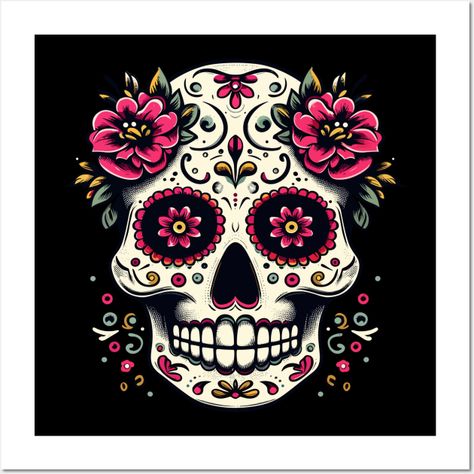 Dia de los muertos sugar skull flowers -- Choose from our vast selection of art prints and posters to match with your desired size to make the perfect print or poster. Pick your favorite: Movies, TV Shows, Art, and so much more! Available in mini, small, medium, large, and extra-large depending on the design. For men, women, and children. Perfect for decoration. Sugar Skull Art Painting, Mexican Skull Art, Sugar Skull Crafts, Sugar Skull Painting, Mexican Folklore, Skull Flowers, Skull Crafts, Mexican Skull, Mexican Sugar Skull