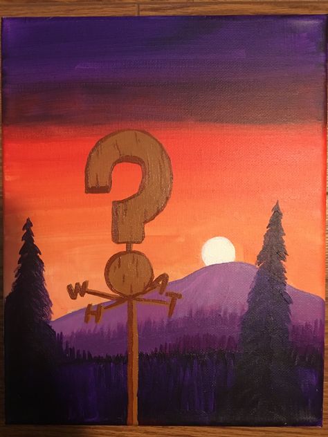 Easy Gravity Falls Painting, Deep Painting Ideas Easy, Gravity Falls Canvas Painting, Gravity Falls Diy Crafts, Gravity Falls Painting Ideas, Disney Themed Paintings, Small Fall Paintings, Split Paintings Canvases, Landscape Paintings Easy Simple