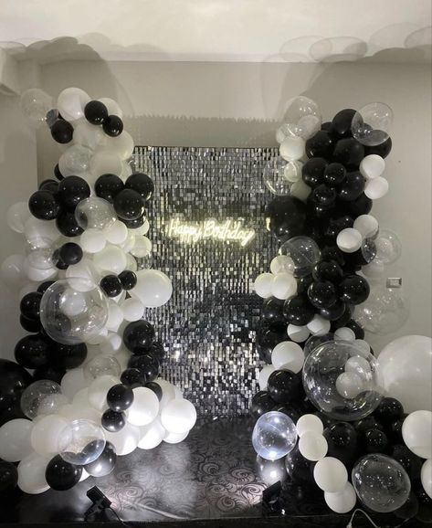 White And Silver Bday Decor, Decor For Party Events, Black Silver White Birthday Decor, Black Silver Party Theme, Black And White Theme Birthday Party, White And Silver Theme Party Decoration, 21st Birthday Black And White Theme, Silver And White Theme Party, Black White And Silver Sweet 16