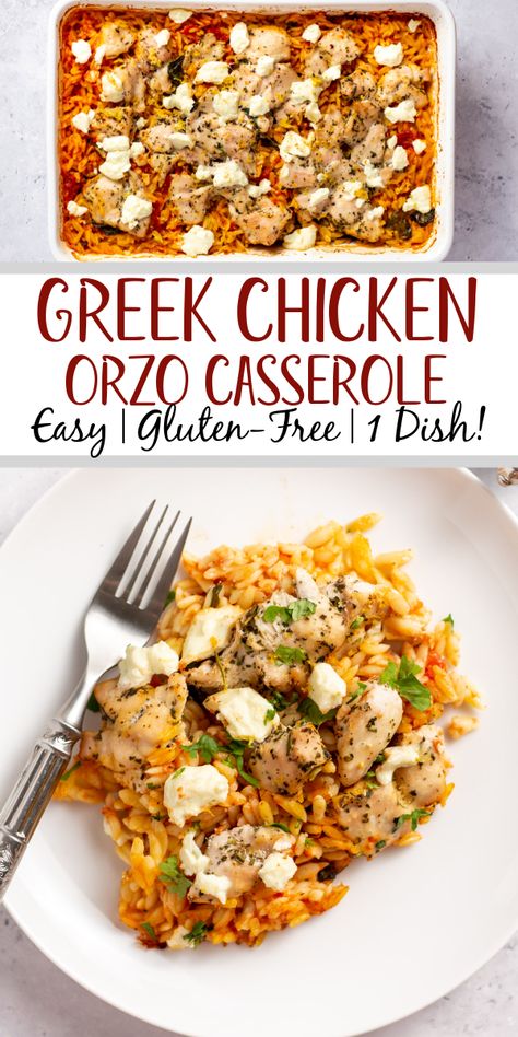 This Greek chicken orzo bake is a really easy and delicious pasta casserole recipe that is made with seasoned chicken, tomatoes, spinach, lemon and plenty of feta! It's simple to make gluten-free, uses few ingredients, and reheats well so you can use this not only as a weeknight dinner, but as a meal prep recipe as well. #pastabake #chickencasserole #chickenpastabake #greekchicken #orzochicken Greek Chicken With Orzo Recipes, Healthy Crowd Meals, Mediterranean Woe Recipes, Orzo Chicken Spinach Recipes, Easy Healthy Meal Prep Casserole, Ttc Dinner Recipes, May Meals, Mediterranean Casserole Recipes Healthy, Baked Orzo With Chicken