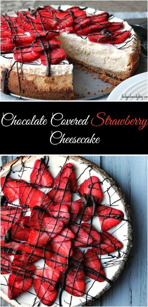 A super creamy and luscious cheesecake is topped with strawberries which are finished off with a hardened chocolate to give the taste of chocolate covered strawberries. This cheesecake takes a bit of time to come together, but it's worth every second - I promise! Make this Chocolate Covered Strawberry Cheesecake the showstopper for your next holiday dessert table! Chocolate Covered Strawberry Cheesecake, Desserts Strawberry, Super Torte, Biscotti Cheesecake, Desserts Halloween, Holiday Dessert Table, Holiday Desserts Christmas, Baked Cheesecake, Christmas Elegant