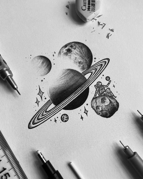 Space Sketches Pencil, Realistic Space Tattoo, Space Drawing Galaxies Pencil, Galaxy Tattoo Stencil, Space Related Drawings, Space Art Tattoo, Space Drawings Galaxies, Space Related Tattoos, Galaxy Art Drawing