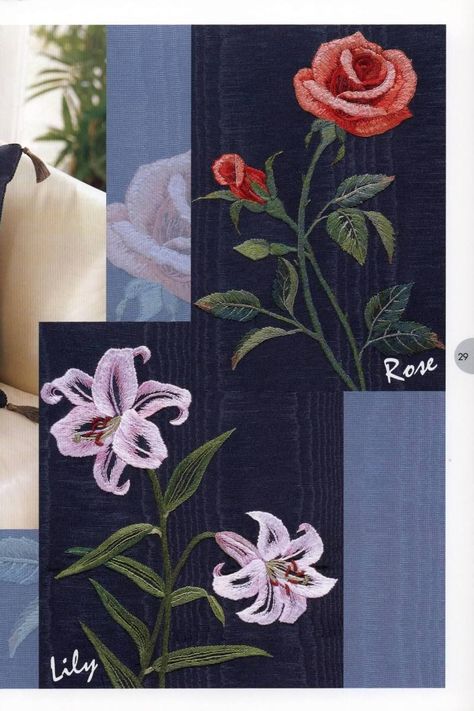 Lilly Embroidery, Lilies Embroidery, Book Embroidery, Flower Panels, Floral Embroidery Patterns, Japanese Craft, Embroidery Tutorial, Embroidery Book, Embroidery Stitches Tutorial